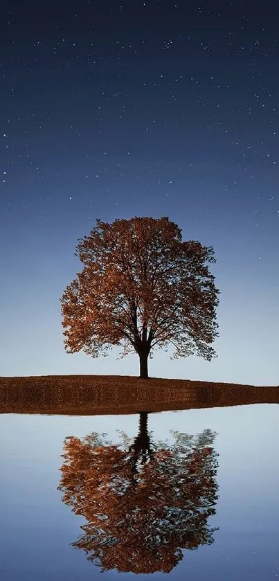 Lone tree under starry night reflected in tranquil water.