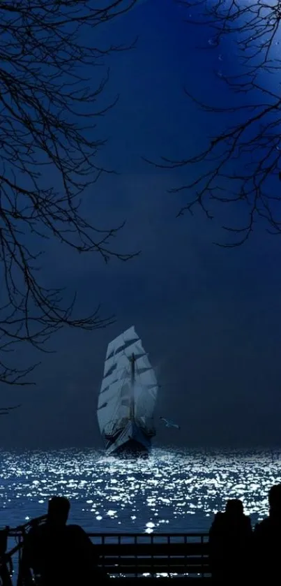 Sailboat under a serene, moonlit night sky.