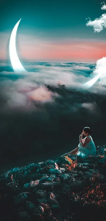 Woman gazes at moonlit clouds over a rocky hill.