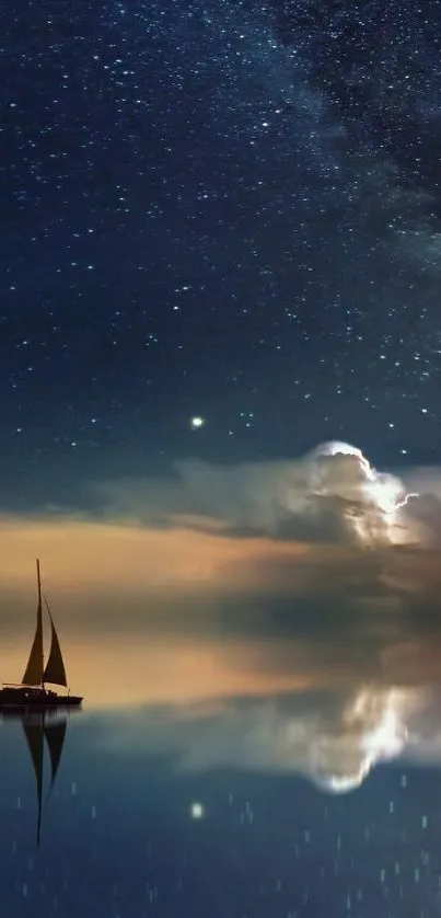 Sailboat under a tranquil, starry night sky reflecting on calm waters.