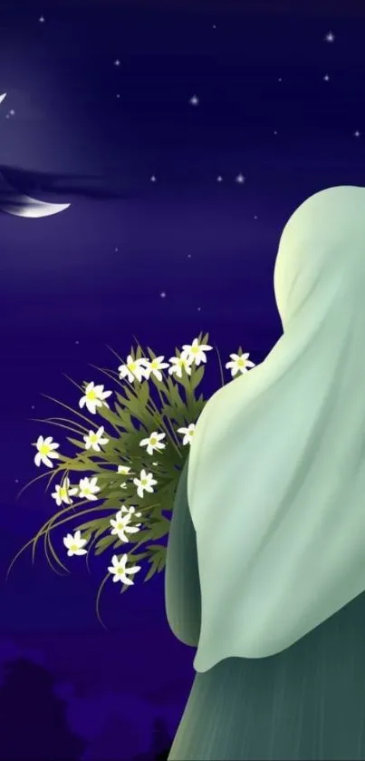 A serene figure holds flowers under a starry night sky with a crescent moon.