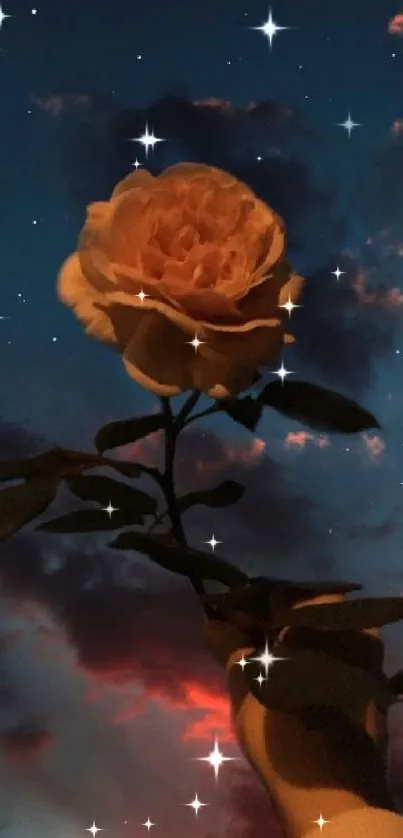 Rose in the night sky with crescent moon and dark clouds.