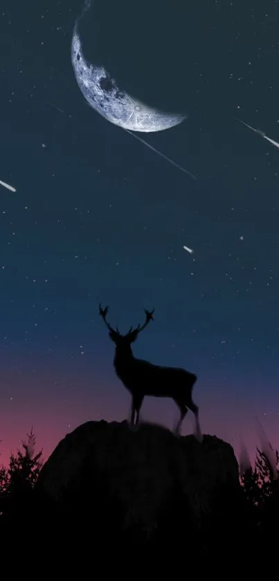 Deer silhouette with stars and crescent moon in night sky.