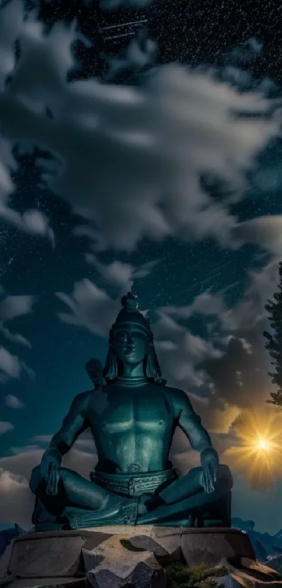 Meditative statue under starry night sky with glowing celestial light.