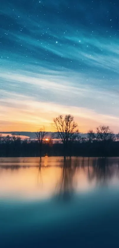 Night sky reflected in calm waters with trees silhouetted.