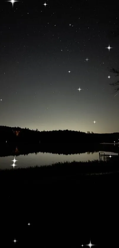 Starry night sky reflecting on a calm lake with serene night landscape.