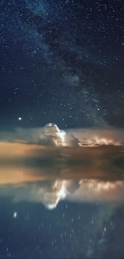 Peaceful reflection of the night sky on water, showcasing stars and clouds.