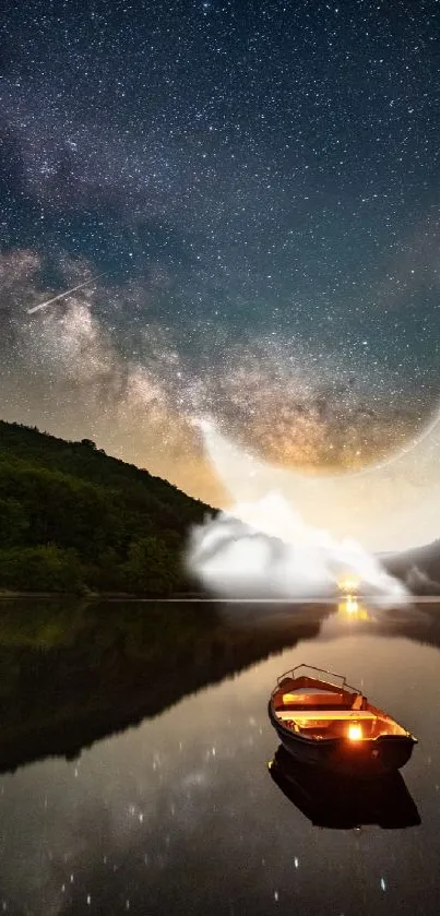 Starlit sky reflected on calm water with a boat and crescent moon.