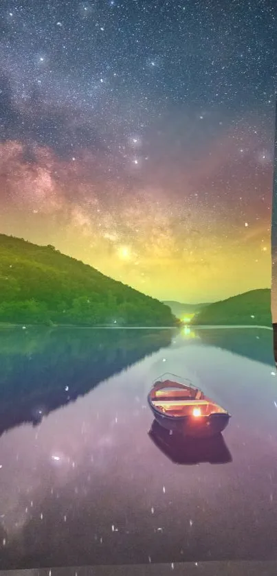 Colorful Milky Way over a serene lake with a small boat at night.