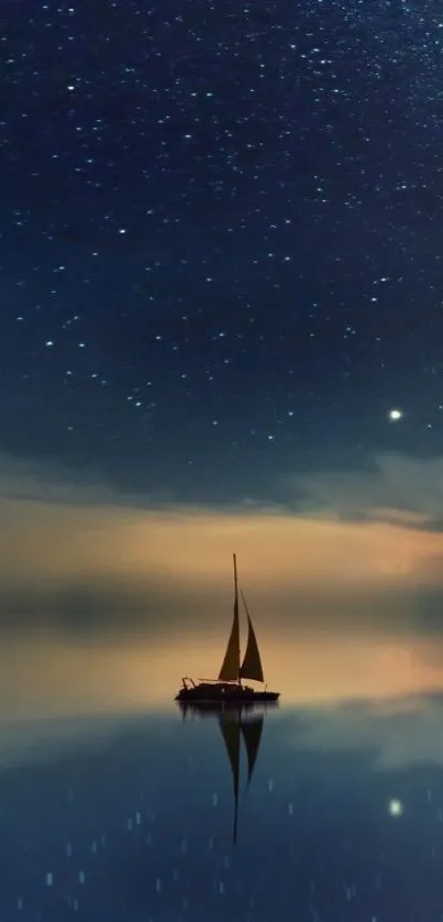 Sailboat on calm water under starlit sky at night.