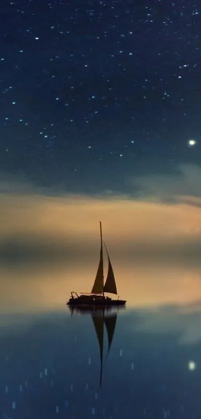 Peaceful sailboat on calm waters under a starry night sky.