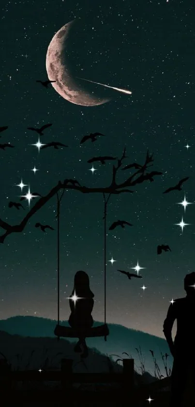 Silhouetted figures under a crescent moon and starry sky with flying birds.