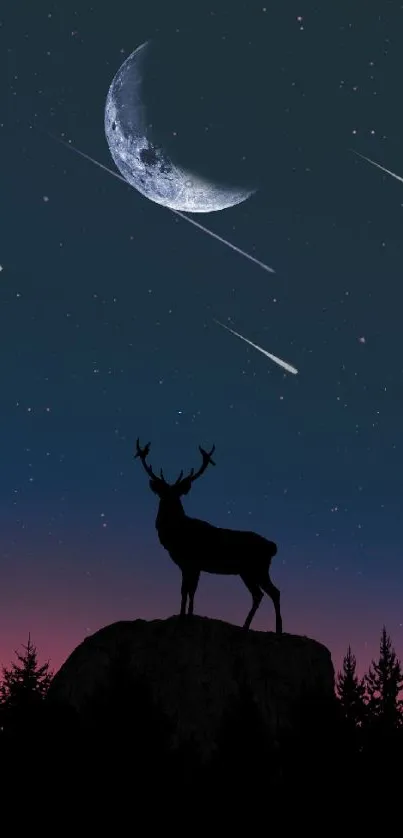 Silhouette of a deer under a starry night sky with a crescent moon.