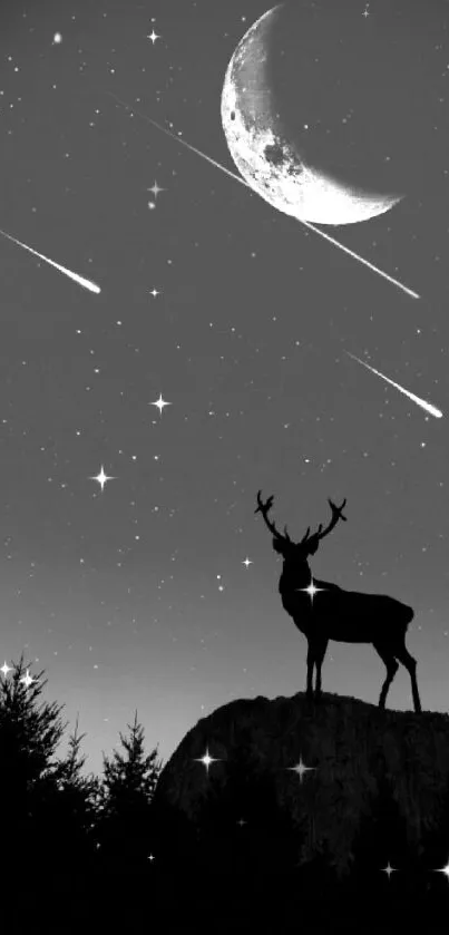 Silhouetted stag beneath starry sky and crescent moon.