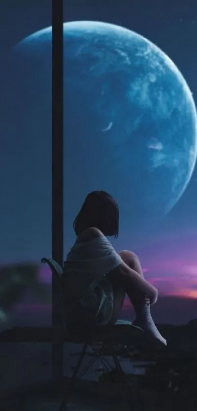 Woman gazes at a large moon through the window, in a serene night sky scene.