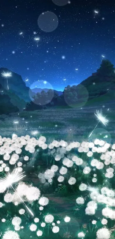 Night sky with stars over dandelion field.