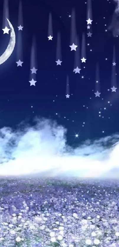 A calm, starry night sky wallpaper with a crescent moon over a lavender field.