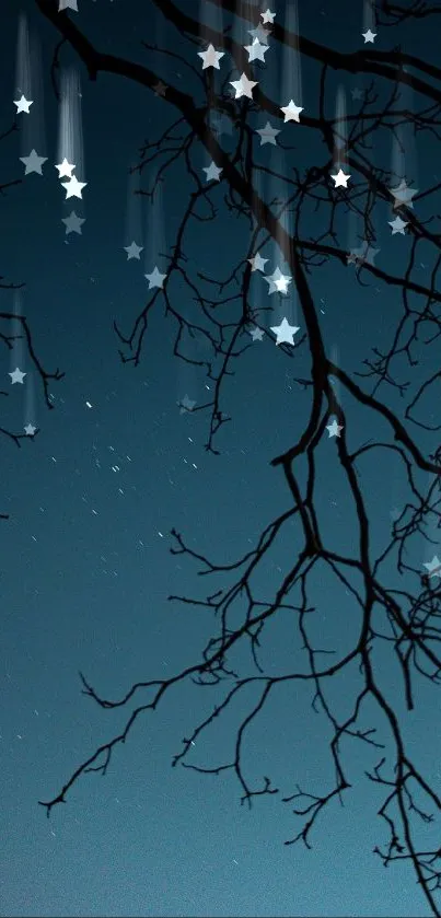 Silhouetted tree branches against a starry night sky.