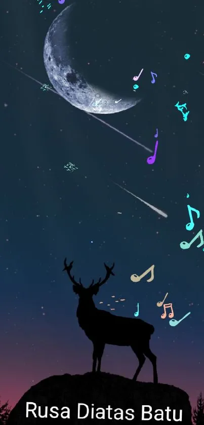 Majestic stag under stars and moonlit night sky.