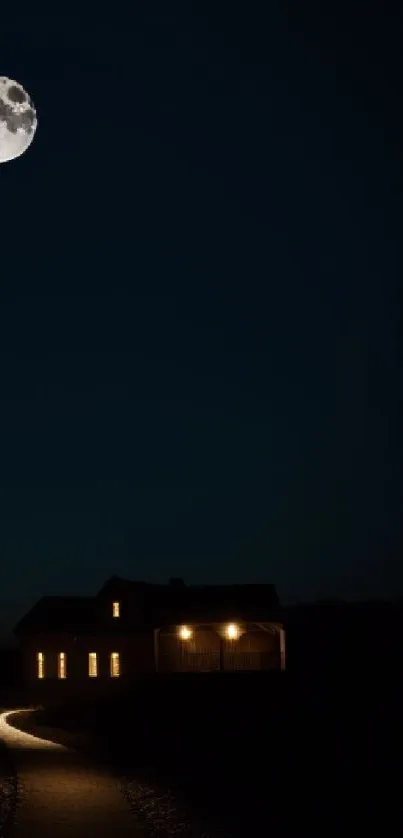 Full moon over a lit house at night.