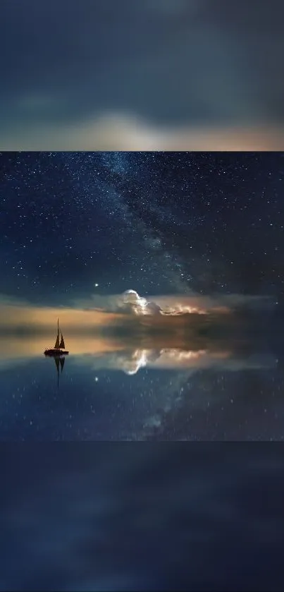 Sailboat reflected on calm water under a starry night sky.