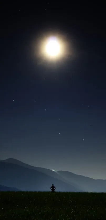 Silhouette under bright moon in tranquil night sky wallpaper.