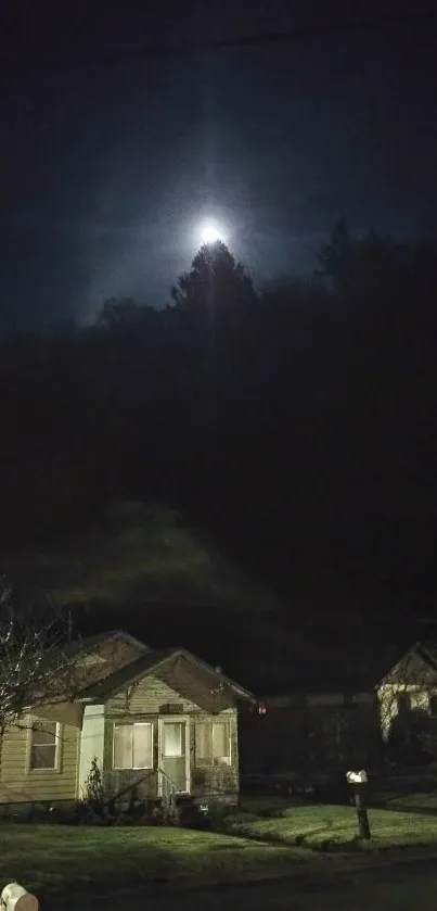 Serene suburban night scene featuring a glowing moon and quiet neighborhood.