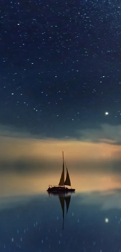 Sailboat with starry night reflection on calm water.