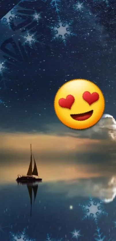 Sailboat under starry night sky with playful emoji and winter patterns.