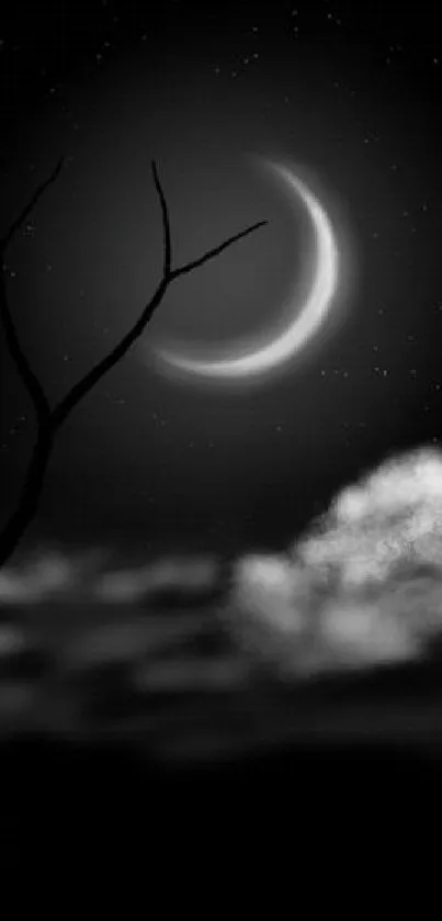 Night sky wallpaper with crescent moon and clouds.