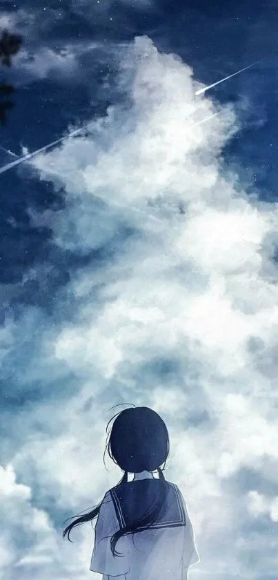 Anime figure under starry night sky with clouds.