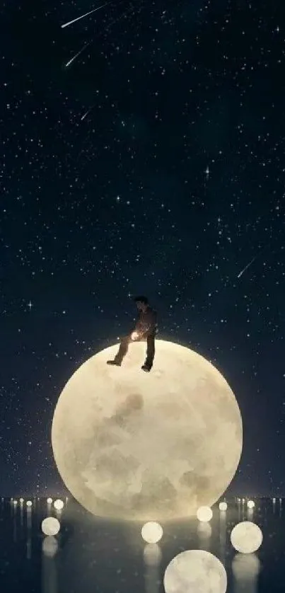 Man sitting on moon under starry night sky wallpaper.