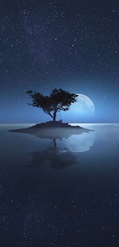 Serene night sky with tree on island and starry reflection.