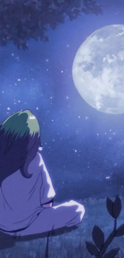 Anime character gazing at a glowing full moon under a starry night sky.