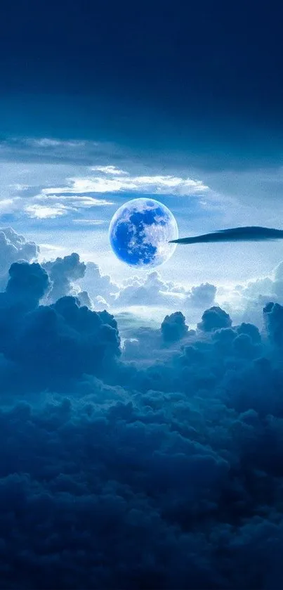 Luminous blue moon amidst mystical clouds in night sky wallpaper.