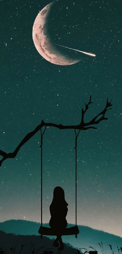 Girl on swing under a crescent moon and shooting star in a teal starry night sky.