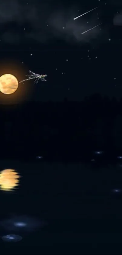 Serene night sky with glowing moon and stars over a calm lake reflection.