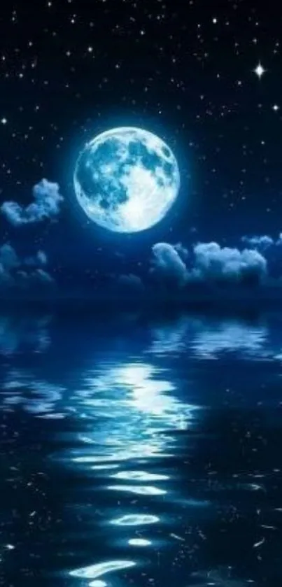 Serene night sky wallpaper with moon and stars over water.