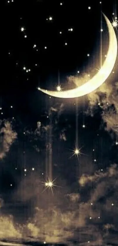 Crescent moon with stars on a serene night sky wallpaper.