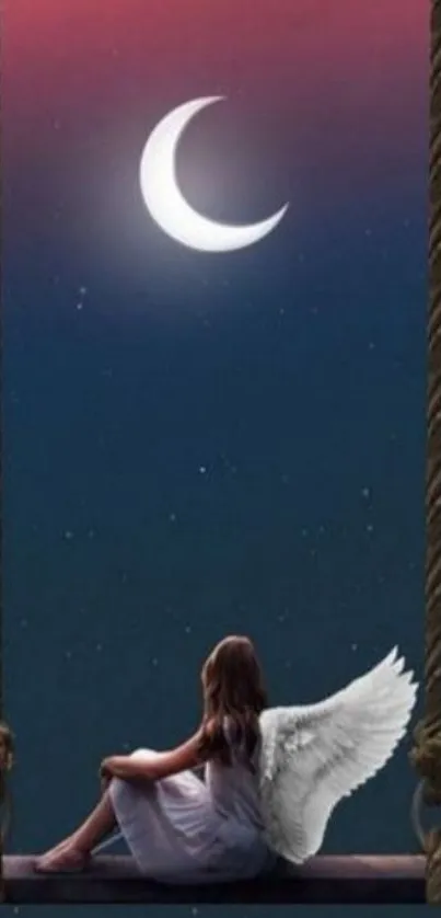 Angel on swing under crescent moon in serene night sky scene.