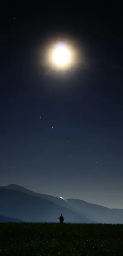 Full moon in a dark night sky over mountains.