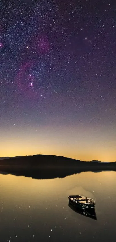 Serene wallpaper featuring a starry night sky over a calm lake with a boat.