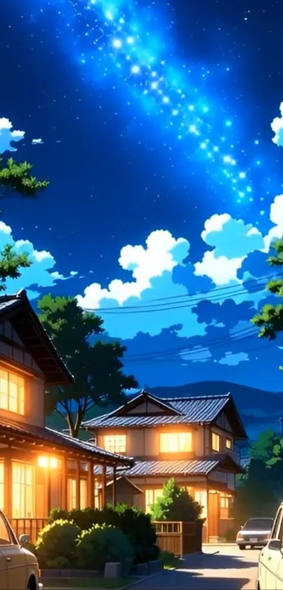 Animated night sky with stars over houses.