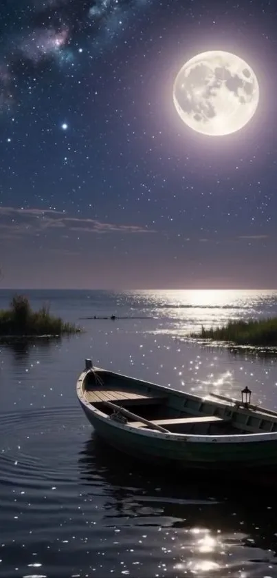 A serene night scene with a boat on a moonlit lake under a starry sky.