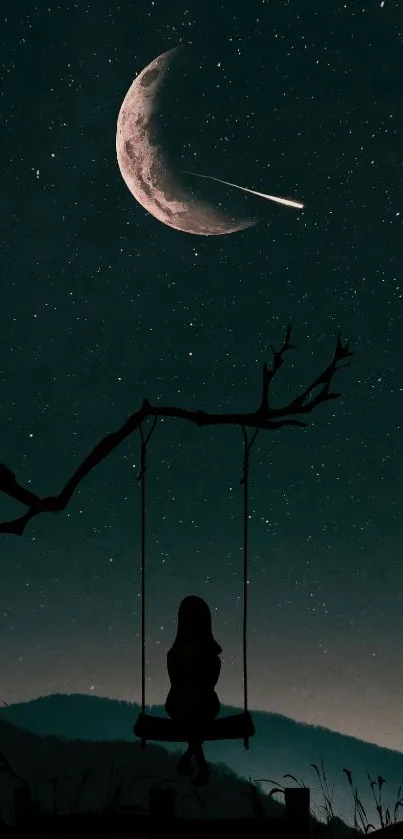 Silhouette on swing with crescent moon and starry sky in background.
