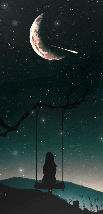 Crescent moon and stars night sky wallpaper with silhouettes.