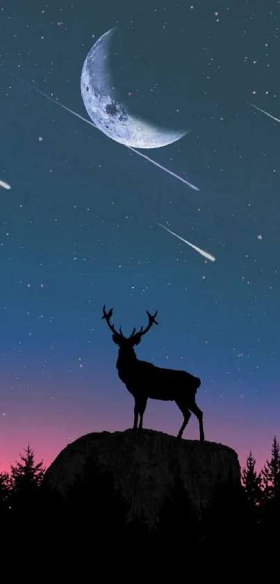 Deer silhouette under a starlit sky with a crescent moon and shooting stars.