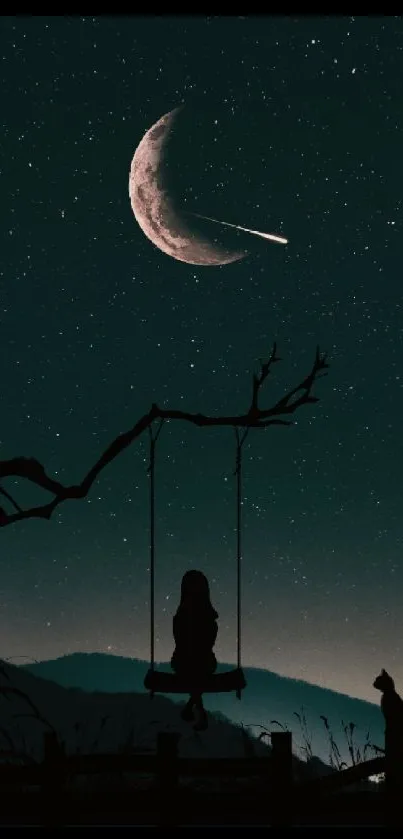 Silhouette on swing under crescent moon and starry sky.