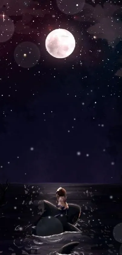 Girl under a starry night sky with a moonlit ocean view.