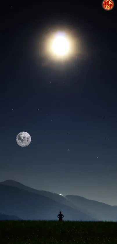 Silhouetted figure under a night sky with moon and planets.